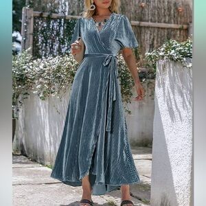 Elegant Simplee Plus, Steel Blue Ribbed Velour High Low Wrap Dress. Short Sleeve